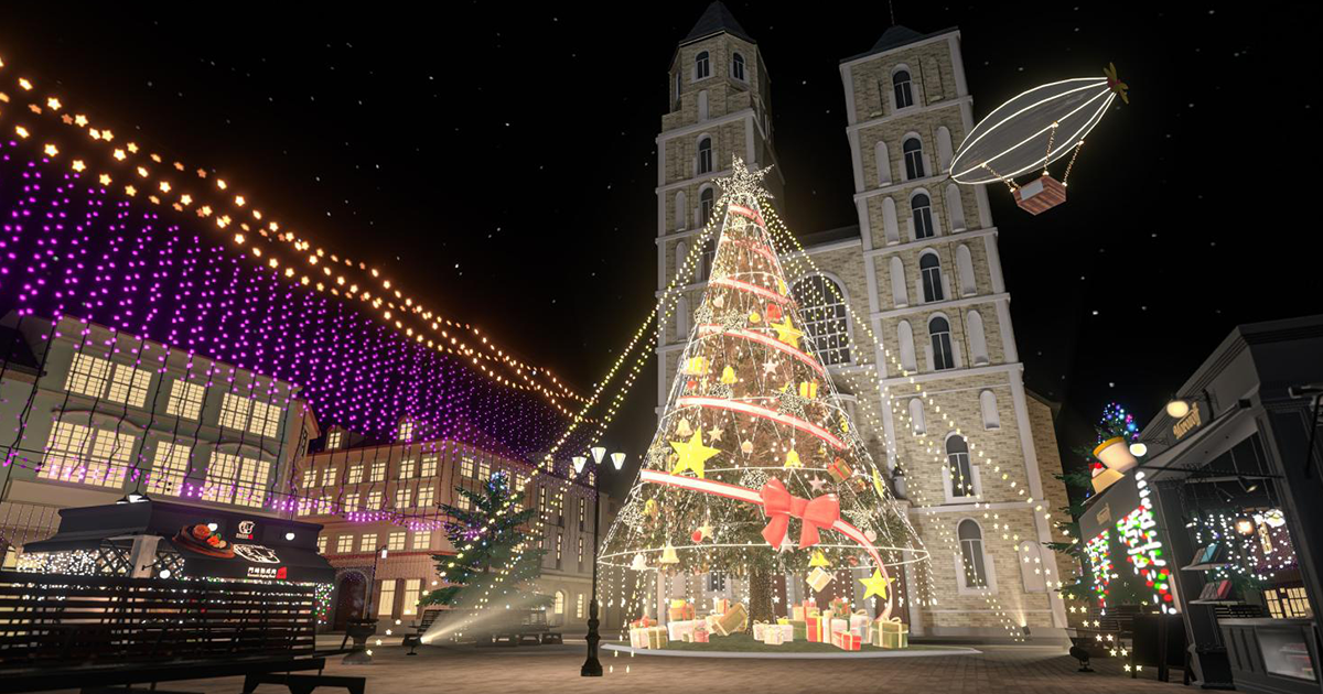 VRChatキャプチャ:ワールドの中央で輝くクリスマスツリー