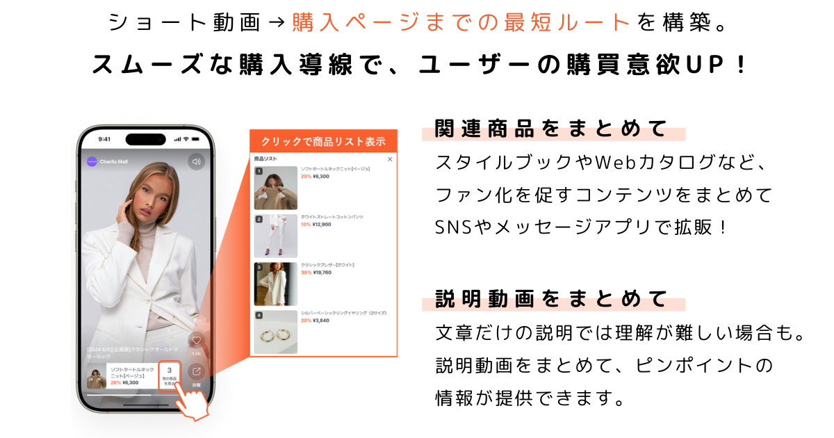 【ショート動画→購入ページまでの最短ルートを構築。スムーズな購入導線で、ユーザーの購買意欲をUP!】「関連商品をまとめて」スタイルブックやWebカタログなど、ファン化を促すコンテンツをまとめてSNSやメッセージアプリで拡販!