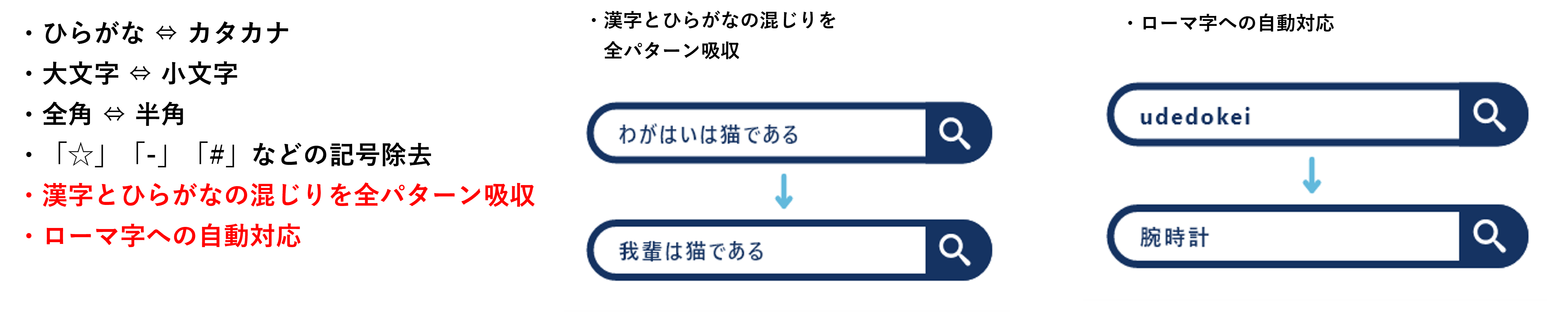 「Advantage Search」による検索精度の向上イメージ:入力ミスや表記ゆれ(ひらがな・カタカナ、大文字・小文字、全角・半角、記号除去など)を自動で吸収し、目的の商品へ導く様子