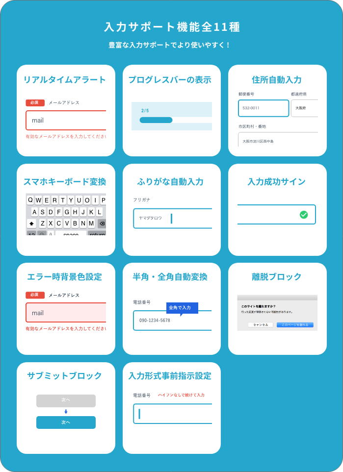 入力サポート機能全11種 豊富な入力サポートでより使いやすく!「リアルタイムアラート」「プログレスバーの表示」「住所自動入力」「スマホキーボード変換」「ふりがな自動入力」「入力成功サイン」「エラー時背景色設定」「半角・全角自動変換」「離脱ブロック」「サブミットブロック」「入力形式事前指示設定」