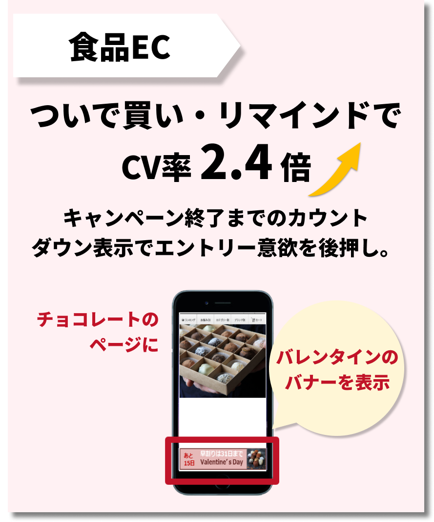 食品EC:ついで買い・リマインドでCV率2.4倍UP!キャンペーン終了までのカウントダウン表示でエントリー意欲を後押し。