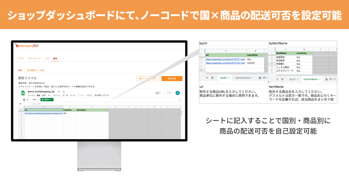 ショップダッシュボードにて、ノーコードで国×商品の配送可否を設定可能。除外設定機能の画面イメージ